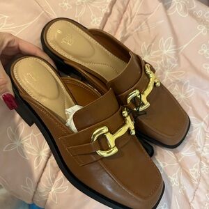 Time and Tru Tan Loafers with Gold Buckle